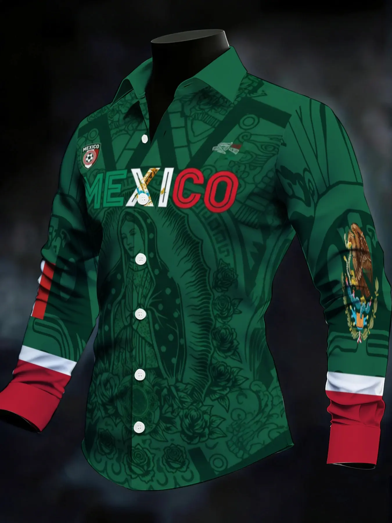 Men's Long Sleeve Shirt Mexico Themed Print Top Fashion Casual Loose Plus Size Men's Clothing Autumn New Trendy Undershirt, Football Game Day Casual Outfit For Mexican FansSoccer Fan Ethnic Retro Printed For Party Sports Daily Wea