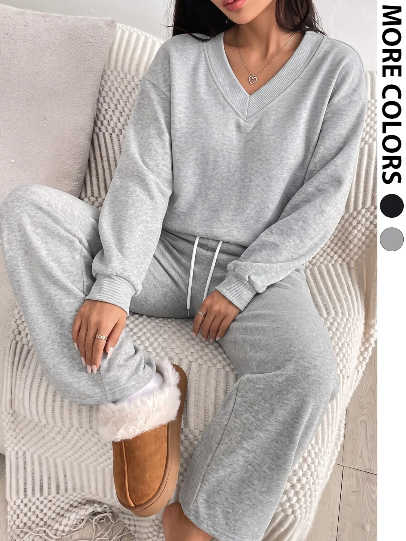 Women 2 Piece Solid Loungewear Tracksuit, V Neck Long Sleeve Loose Sweatshirt & Elastic Drawstring Wide Leg Sweatpants Set, Soft Cozy Casual Outfit, Relaxed Fit Daily Home Wear Street Lounge Suit Available in Black Gray, Cozy Loungewear Sleepwear