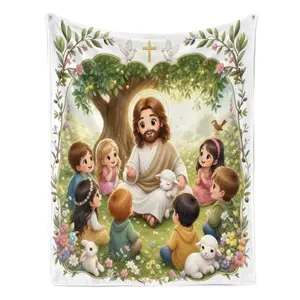 Cute Cartoon Jesus Christ Lamb Olive Wreath Christian Flannel Blanket for Kids Adults – Soft Warm Lightweight Cozy Throw, Perfect for Sofa, Bed, Office, Travel, Easter Birthday Christmas Thanksgiving Religious Holiday Gift