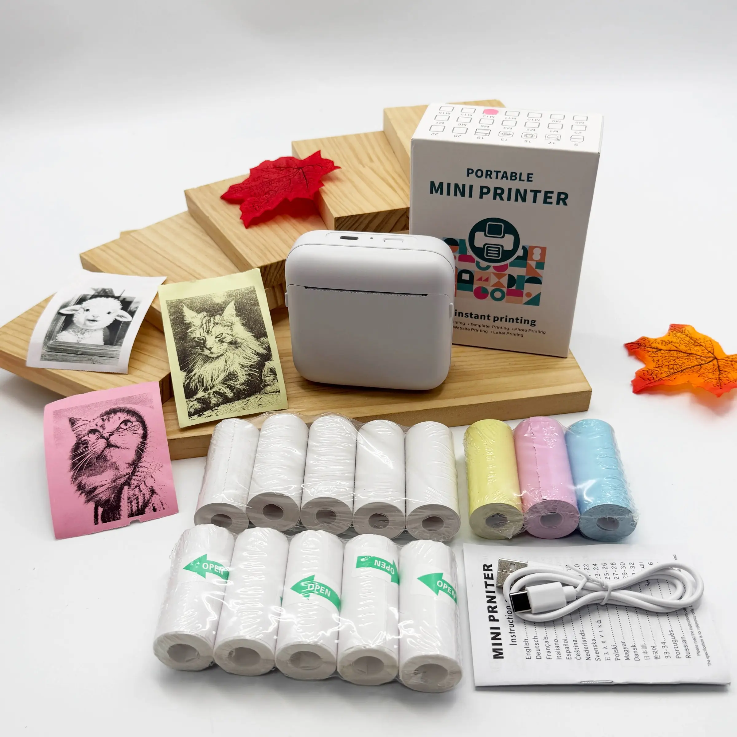 13 Roll Paper Set Mini Wireless Thermal Printer, Compact Portable, USB Charging, Ideal for Photos, Labels, Notes, Home, Office, Travel
