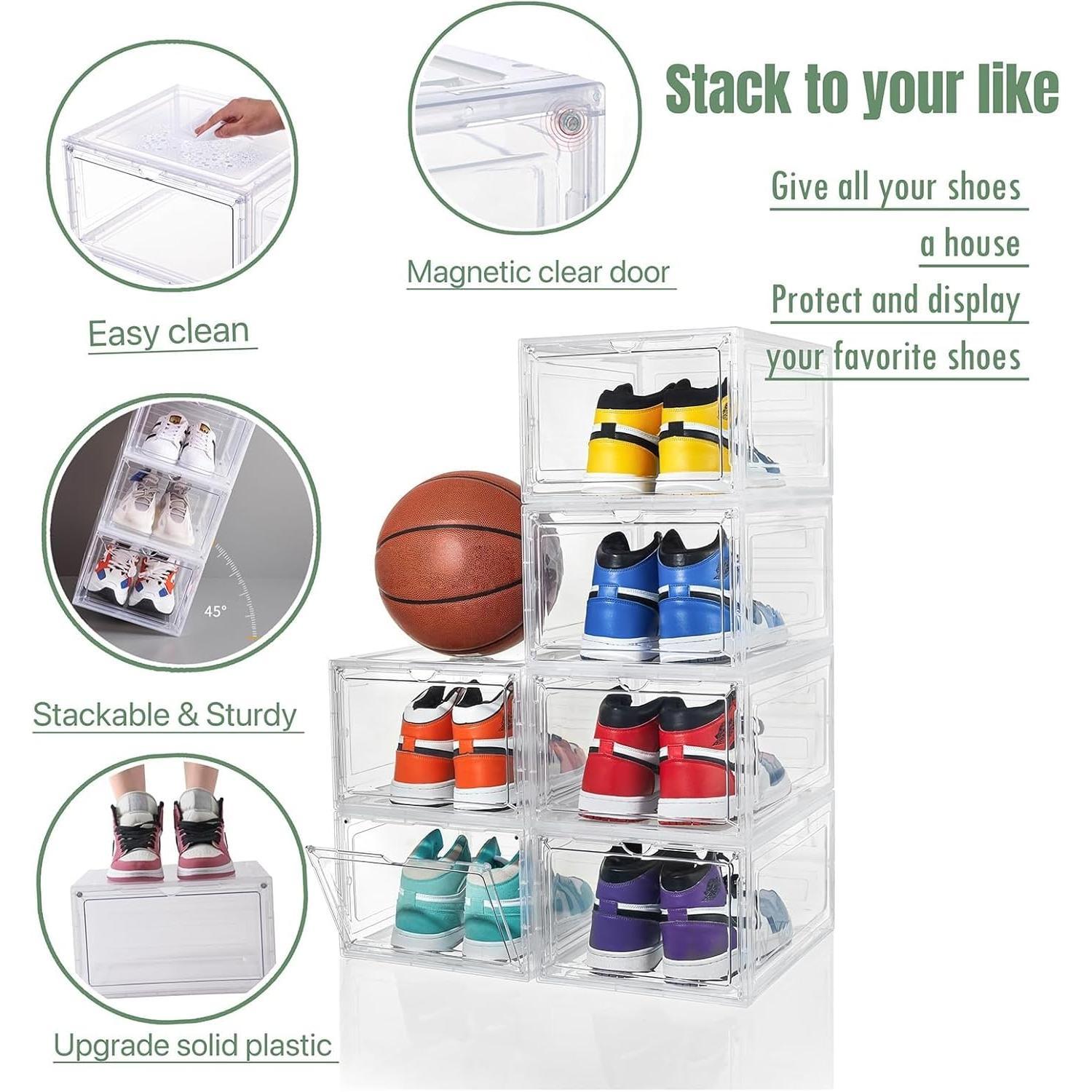 Shoe Organizer Shoe Storage Boxes, 6 Pack Large Drop Front Shoe Boxes with  Door, Clear Plastic Stackable Shoe Containers (Clear White)