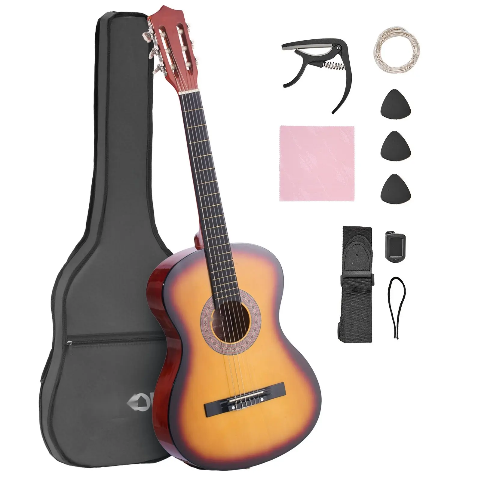 38-Inch Classical Nylon String Guitar Beginner Starter Kit - Sunburst Finish, Entry-Level Instrument for Learn-To-Play, Practice