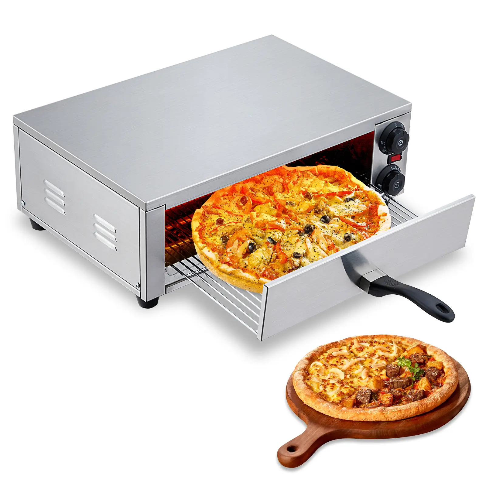16 Inch Stainless Steel Electric Pizza Oven – Commercial Countertop Pizza Maker with Dual Heating Tubes, Adjustable Temperature, Grilling Rack, Removable Crumb Tray, Easy-Clean Display – For Home, Restaurant, Buffet, Party