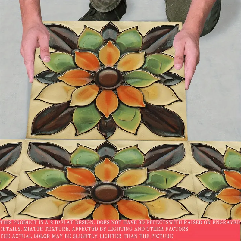 10pcs 2D Flat Vinyl Floor Leather Stickers, Mexican Style - Retro Pattern Self-Adhesive Peel & Stick PVC Tiles for Kitchen, Bedroom, Living Room Decor, 11.81x11.81 Inches, Elegant Home Decoration for Floors in Kitchens, Bathrooms, Dorms, and More