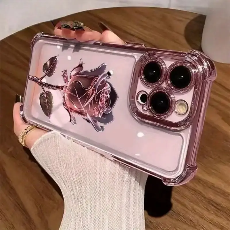 Pink Rose Print TPU Cellphone Casing - Protective, Shockproof, Drop-Proof, Non-Slip Cover with Accessory Holder - Compatible with iphone 18 17 Air,16 Pro Max,15 Plus,14,13,12,11 & Samsung Galaxy S25 Ultra,S24,S23 FE,S22 - Giftable for Girls QXA827