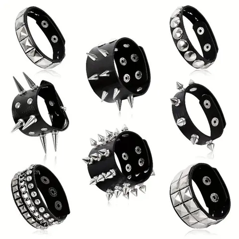 Unisex 8pcs Emo Gothic Alloy Bracelets & Bangles Set - Spiked & Riveted Faux Leather Wristbands, Adjustable Buckles, Skeleton Motif, Hip-Hop Punk Styles, Bracelets for Women, Accessories for Women, Casual Costume Jewelry