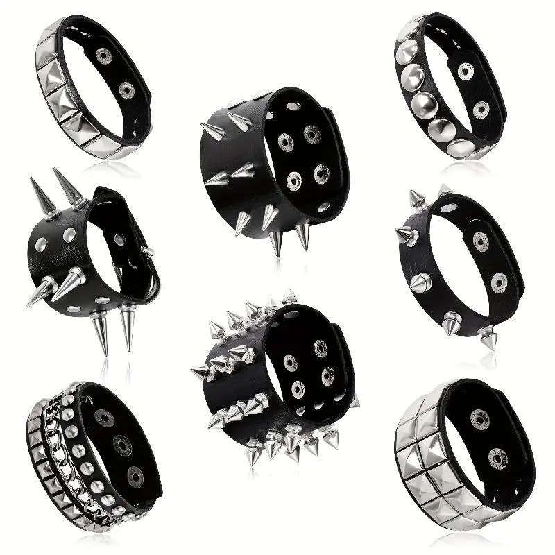 Unisex 8pcs Emo Gothic Bracelets & Bangles Set - Spiked, Riveted Faux Leather Wristbands with Adjustable Buckles, Gothic Skeleton Motif & Hip-Hop Punk Styles for Casual Daily Wear, Gothic Punk Jewelry, Spikes Rivets