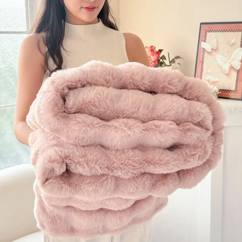Bubble Faux Rabbit Fur Blanket | Soft Plush Throw, Soft Fluffy Blanket, Thick Warm Bed & Sofa Blanket, Cozy Camping Blanket, Casual Soft Blanket, Multiple Sizes