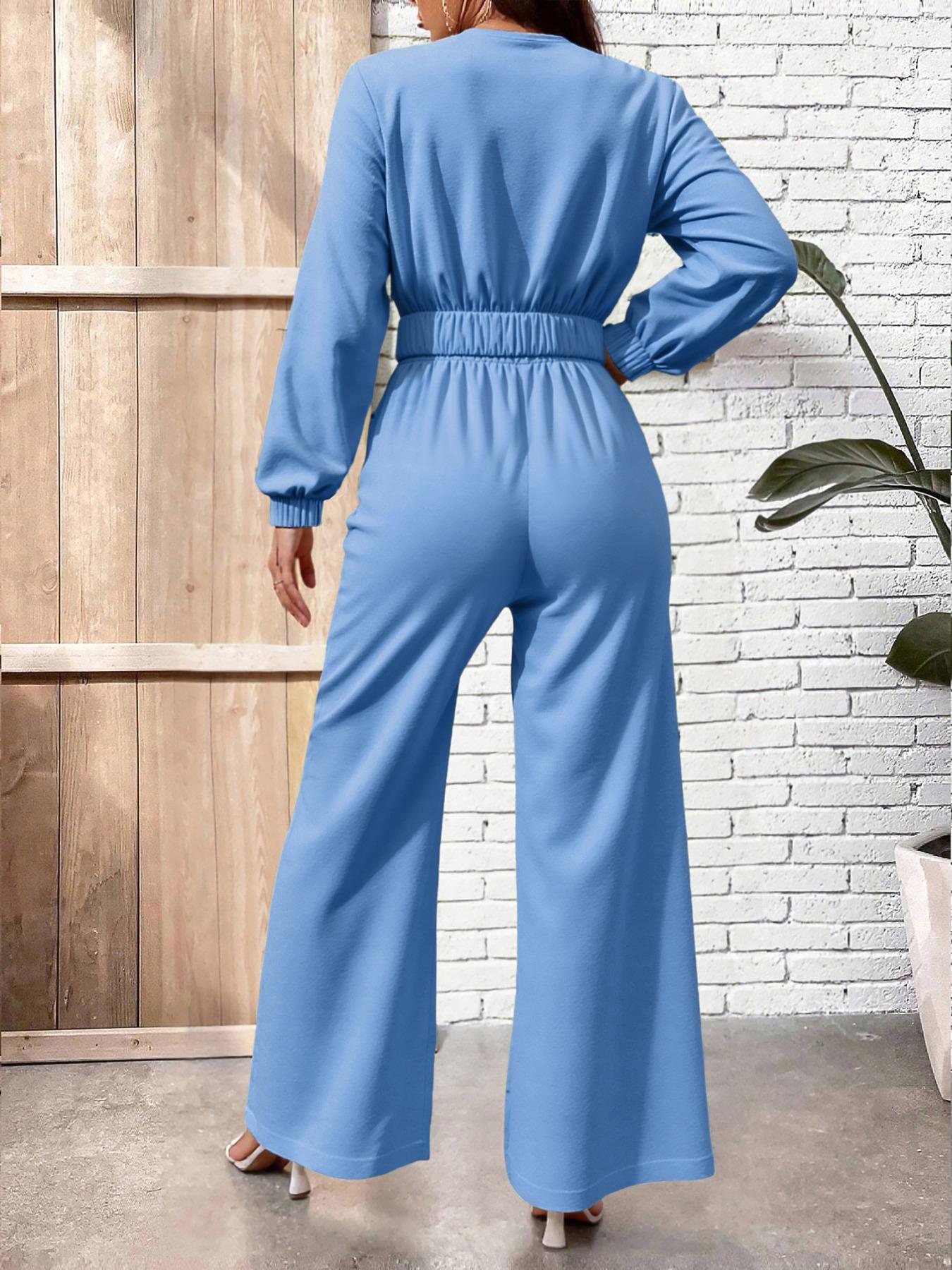 Women's Long Sleeve V Neck Sexy Feminine Solid Color Woven Elastic Waist Wide Leg Jumpsuit, Casual Loose Fit Summer, Comfortable & Stylish