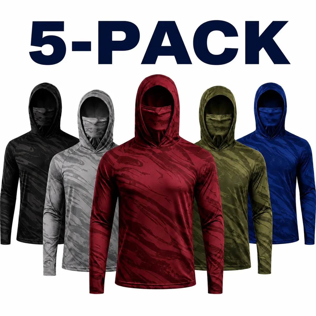 Men’s 5-Pack Camo Hooded Work Shirts with Integrated Face Mask, UPF 50+ Cooling Breathable Quick-Dry Long-Sleeve UV Sun Protection Rash Guard Tops for Construction, Landscaping, Fishing, Hunting & Outdoor Labor