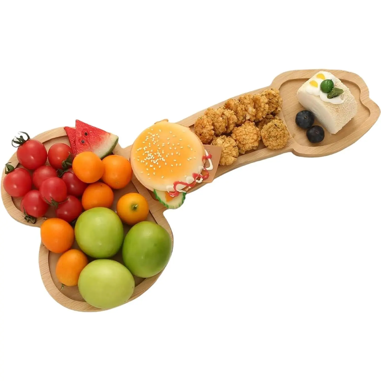 16" 1-Piece Sturdy Long Narrow Solid Wooden Serving Platter - Multi-Compartment Fun Shape Charcuterie Board for Wine, Fruit, Meat & Cheese, Kitchen Cutlery Accessory, Ideal Bachelor Party Gag Gift, Plate
