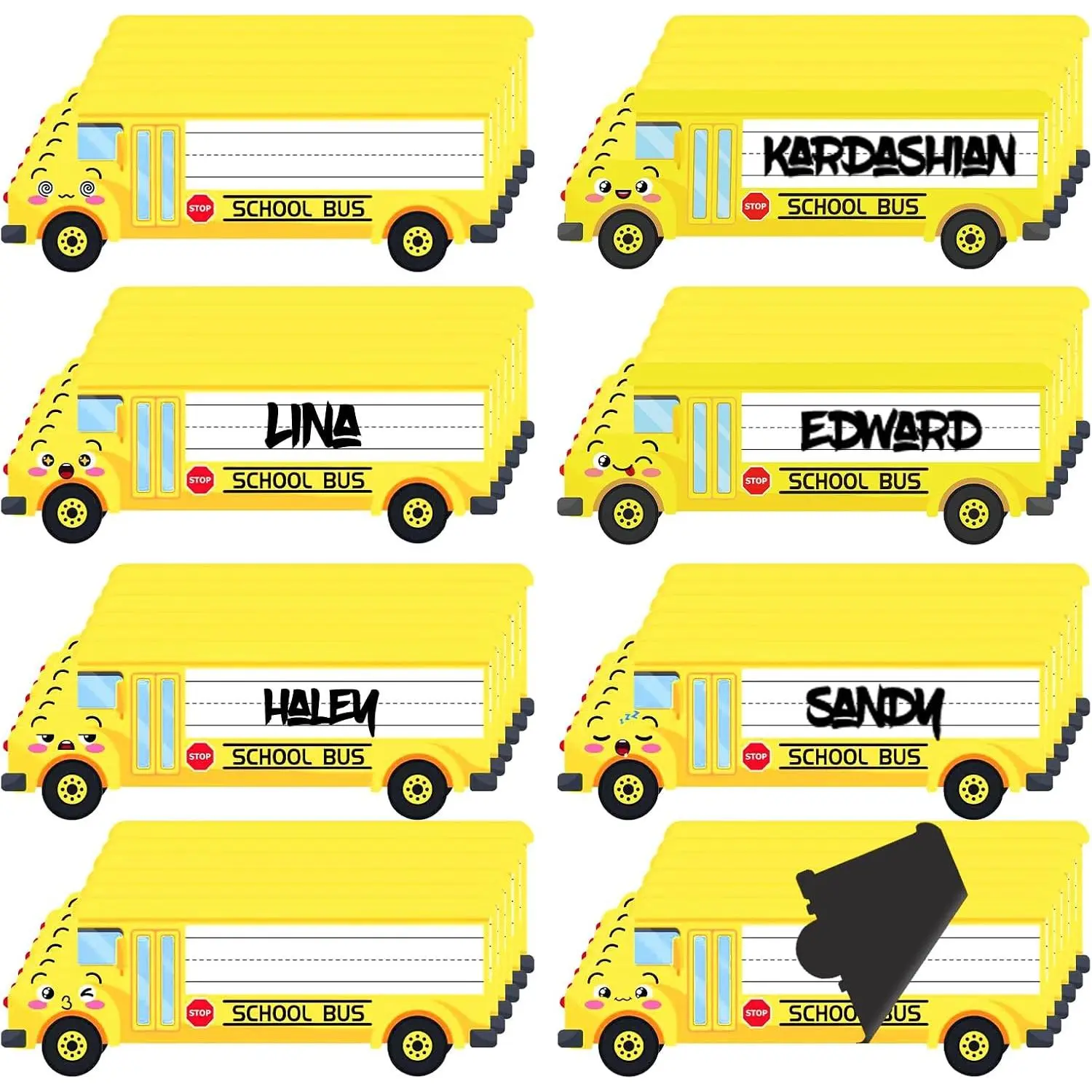 48 count  Name Tags for Classroom,  Dry Erase Labels with Thickened  , School Bus Name Plate Stickers for Locker Desks Whiteboard & Office Supplies, 8 Smile Designs (Yellow)