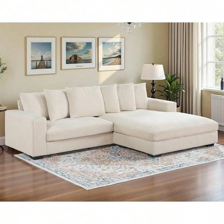 102" L-Shaped Corduroy Sectional Sofa - Oversized Modern Cloud Couch with Deep Seats, Loose Backrest, Quick Setup Living Room Indoor Furniture, Beige