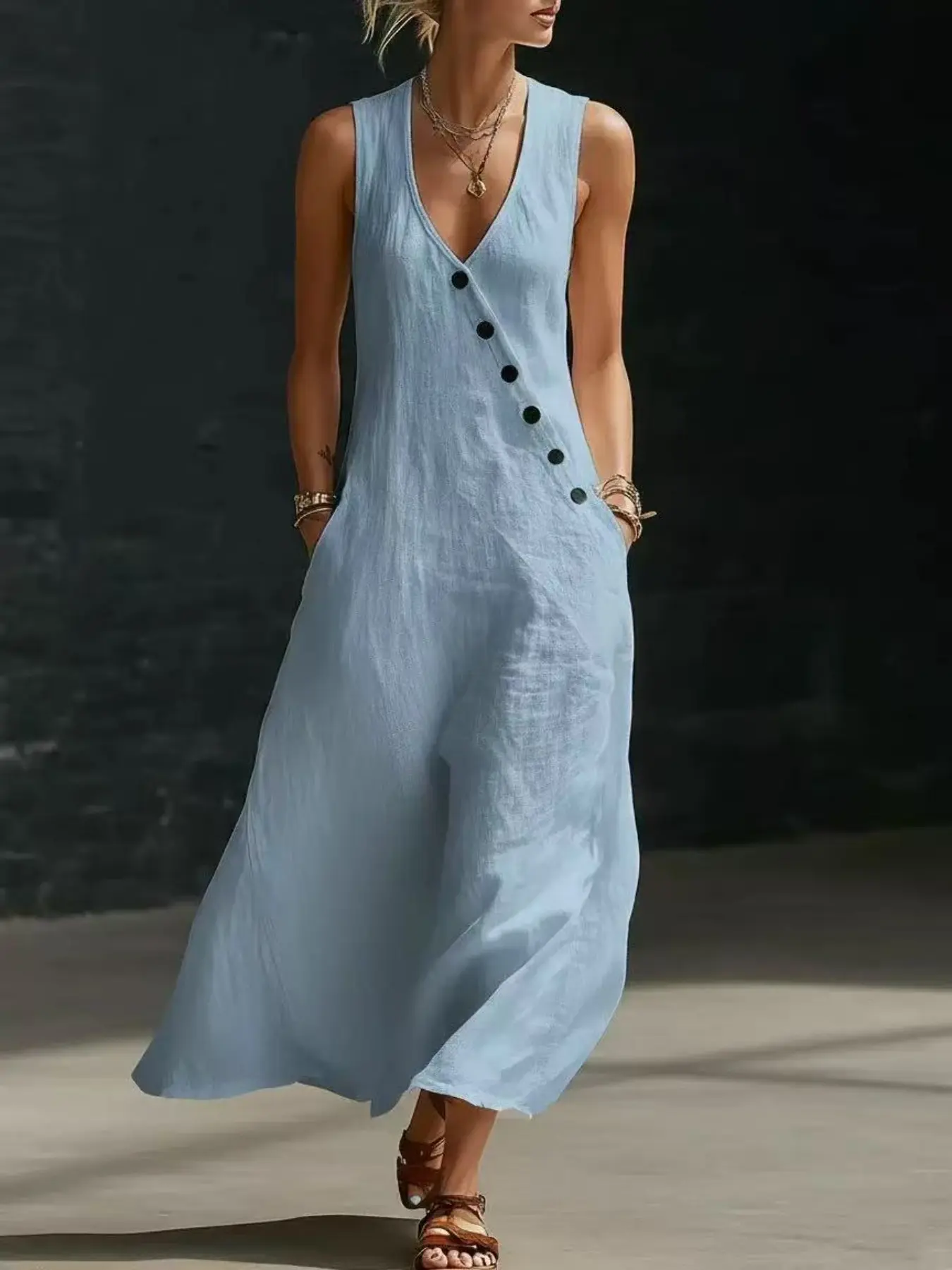 Summer & Spring European Style Lazy V-Neck Buttoned Linen Cotton Breathable Long Dress, Sleeveless Tank Top Maxi Skirt, Casual Fashion