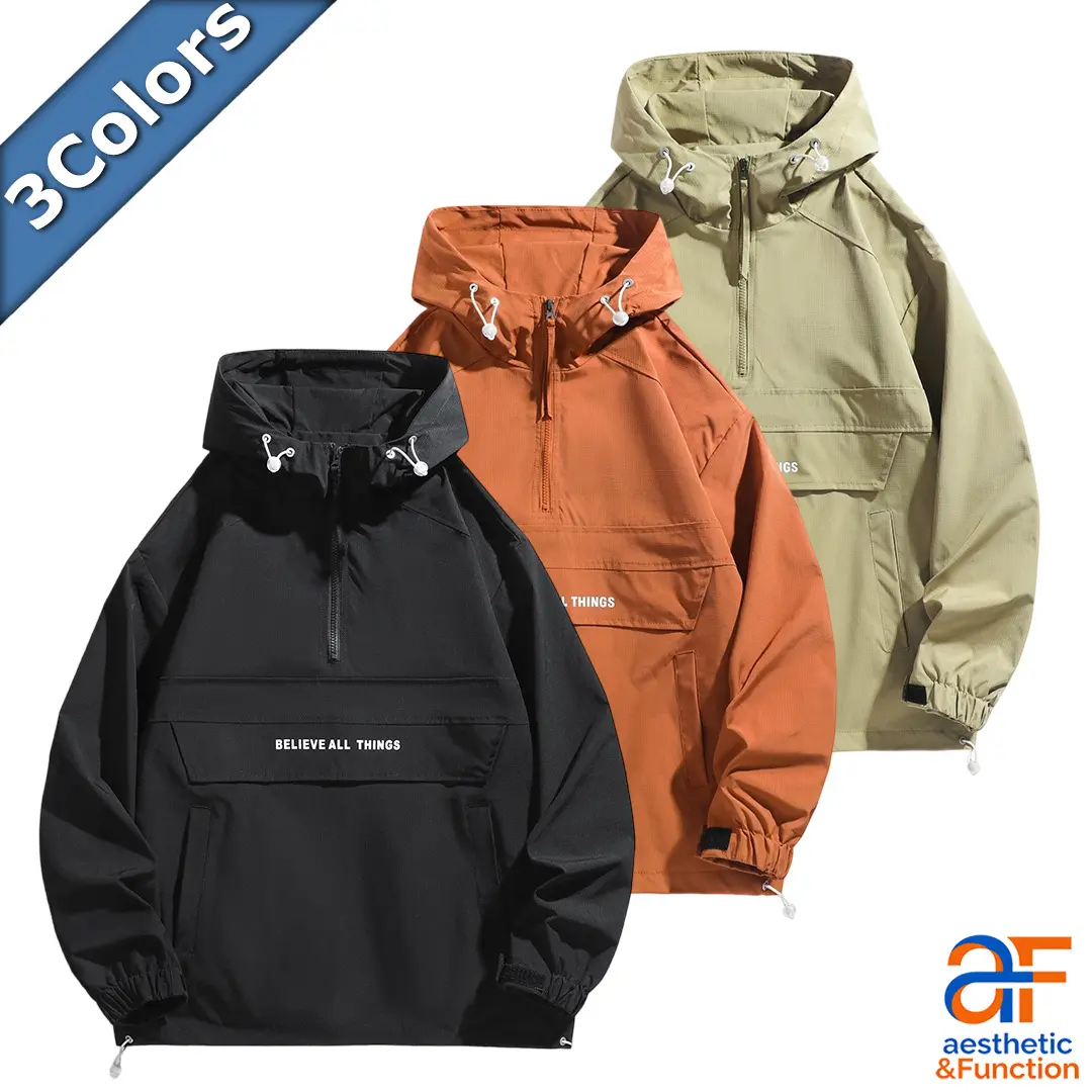 Men's Half Zip Hooded Anorak Jacket Pullover Windbreaker Front Flap Letter Print Pocket Outdoor Casual Sport Coat cozy soft cool clean chic active sporty premium classic stylish durable trendy relaxed comfy modern vibe urban fresh hype Multi-Color