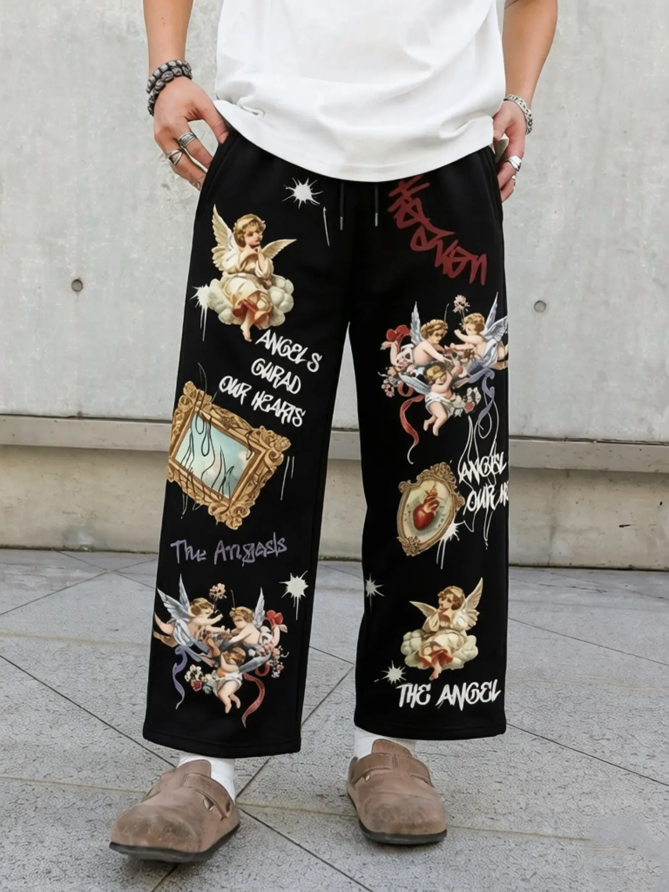 Vintage Angel Print Wide Leg Sports Pants, Gothic Baroque Pattern Streetwear Drawstring Casual Pants, Y2K Aesthetic Hip Hop Daily Wear