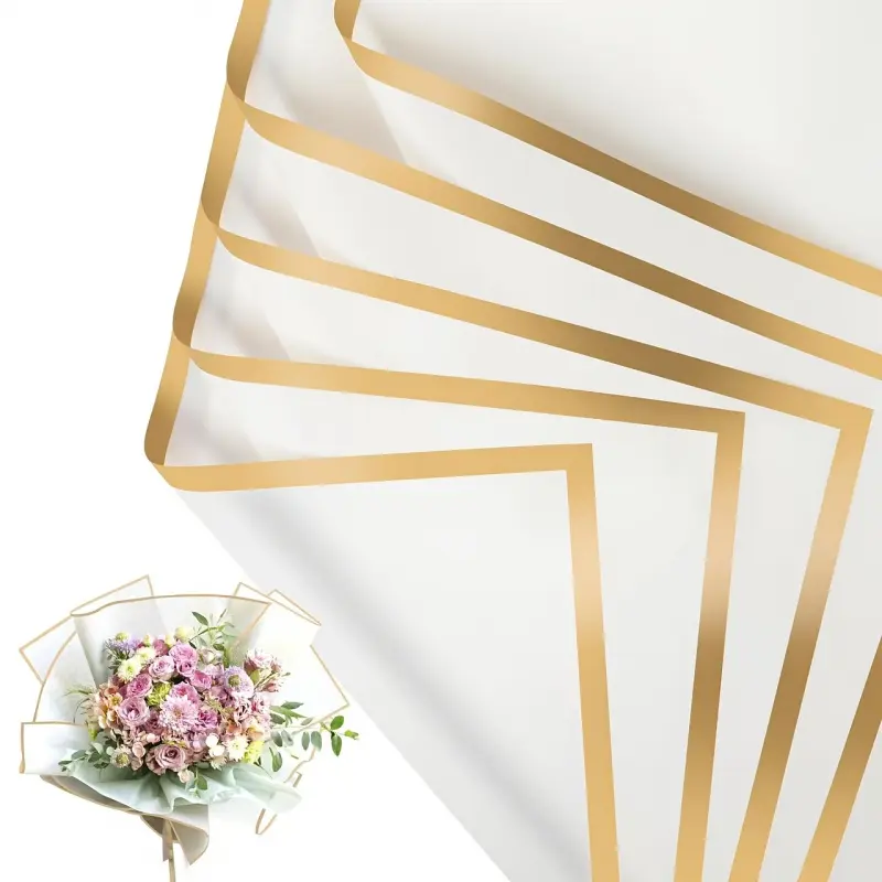 5-piece set of high-end gold-edged white waterproof flower wrapping paper for European and American holiday gift packaging, suitable for flower shop floral DIY. Ideal for Valentine's Day, Mother's Day, Father's Day, Easter, Christmas, Thanksgiving, Hallow