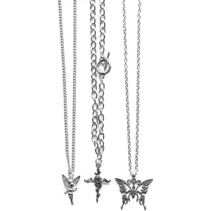 9 count Grunge Necklace Set Goth Cross Fairy Thorns Gothic Angel Heart Feather Chain Choker Necklace for Women Teen Girls
