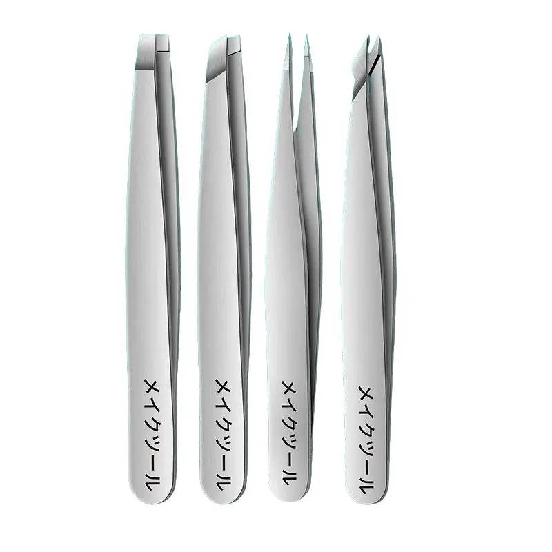 4pcs Stainless Steel Eyebrow Tweezers Set, Precision Slanted Flat Pointed Angled Tweezers, Professional Hair Removal Tool for Women