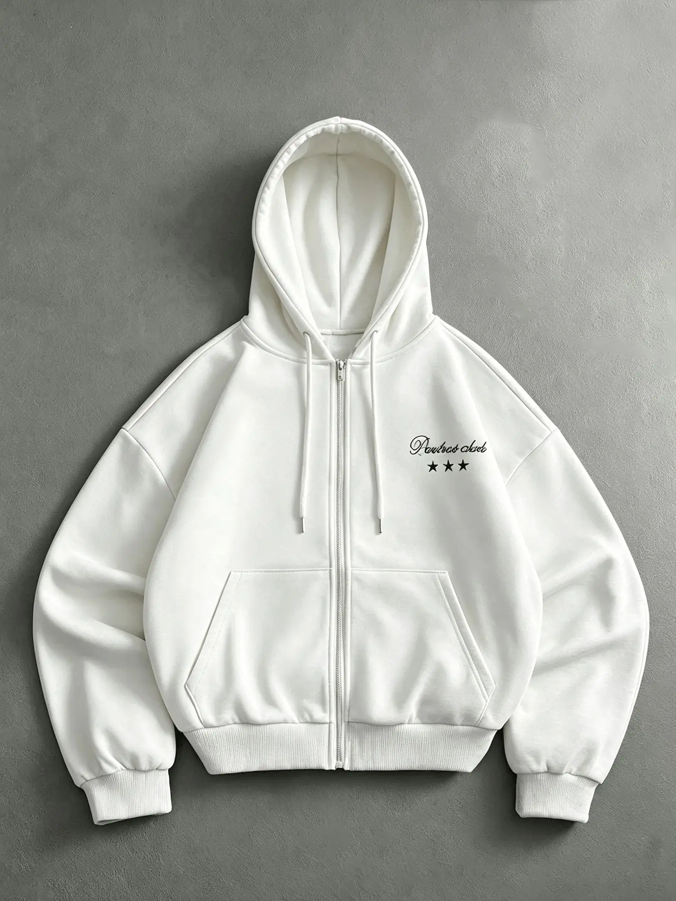 Men's White Oversized Full Zip Up Hooded Jacket, Small Cursive Letter & Three Stars Left Chest Embroidery Minimal Casual Basic Loose Boxy Streetwear Zip Fleece Hoodie Sweatshirt with Kangaroo Pocket for Men