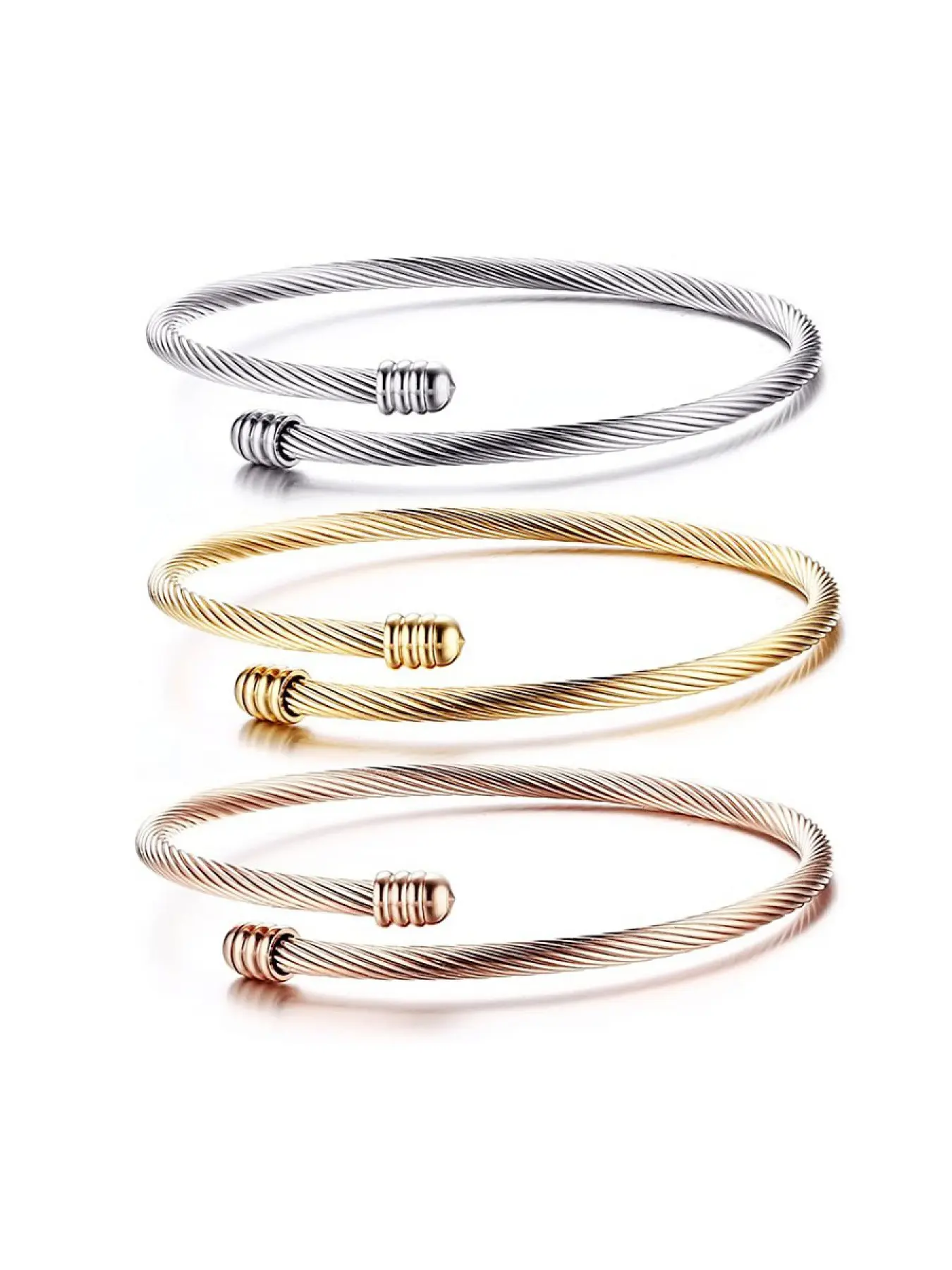18K Gold Plated Stainless Steel 3 Pcs Twisted Cable Cuff Bangle Bracelet Set for Women Men, Gold Silver Rose Gold Adjustable Open Bangle, Tarnish Free Waterproof Stackable Jewelry, Stacking Bangle Bracelet