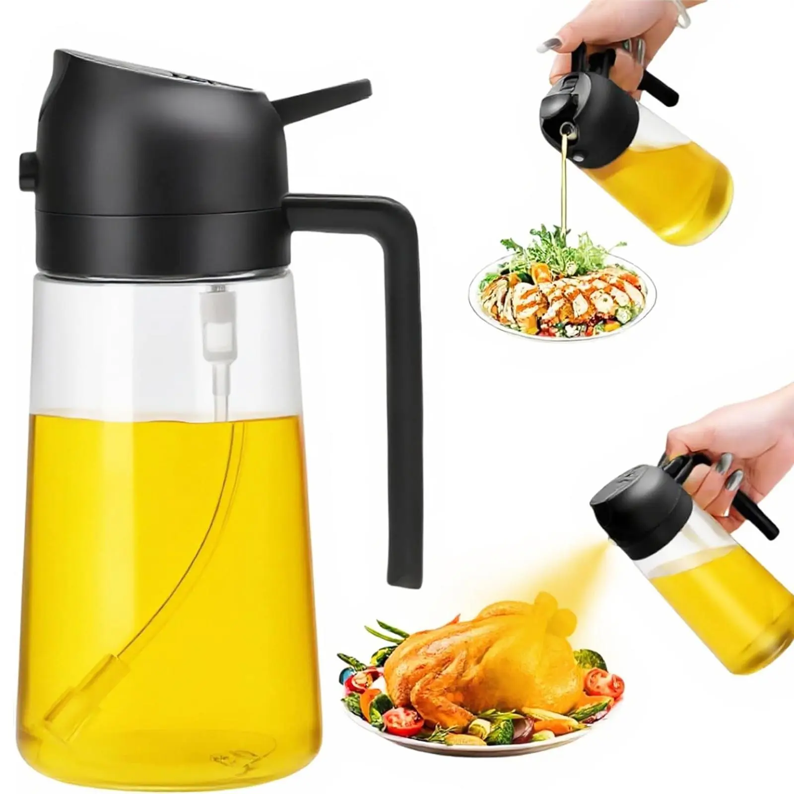 kitchen 2 in 1 glass oil sprayer olive oil dispenser BBQ salad cooking leak proof dark green lead free glass anti clog filter one handed operation oil bottle
