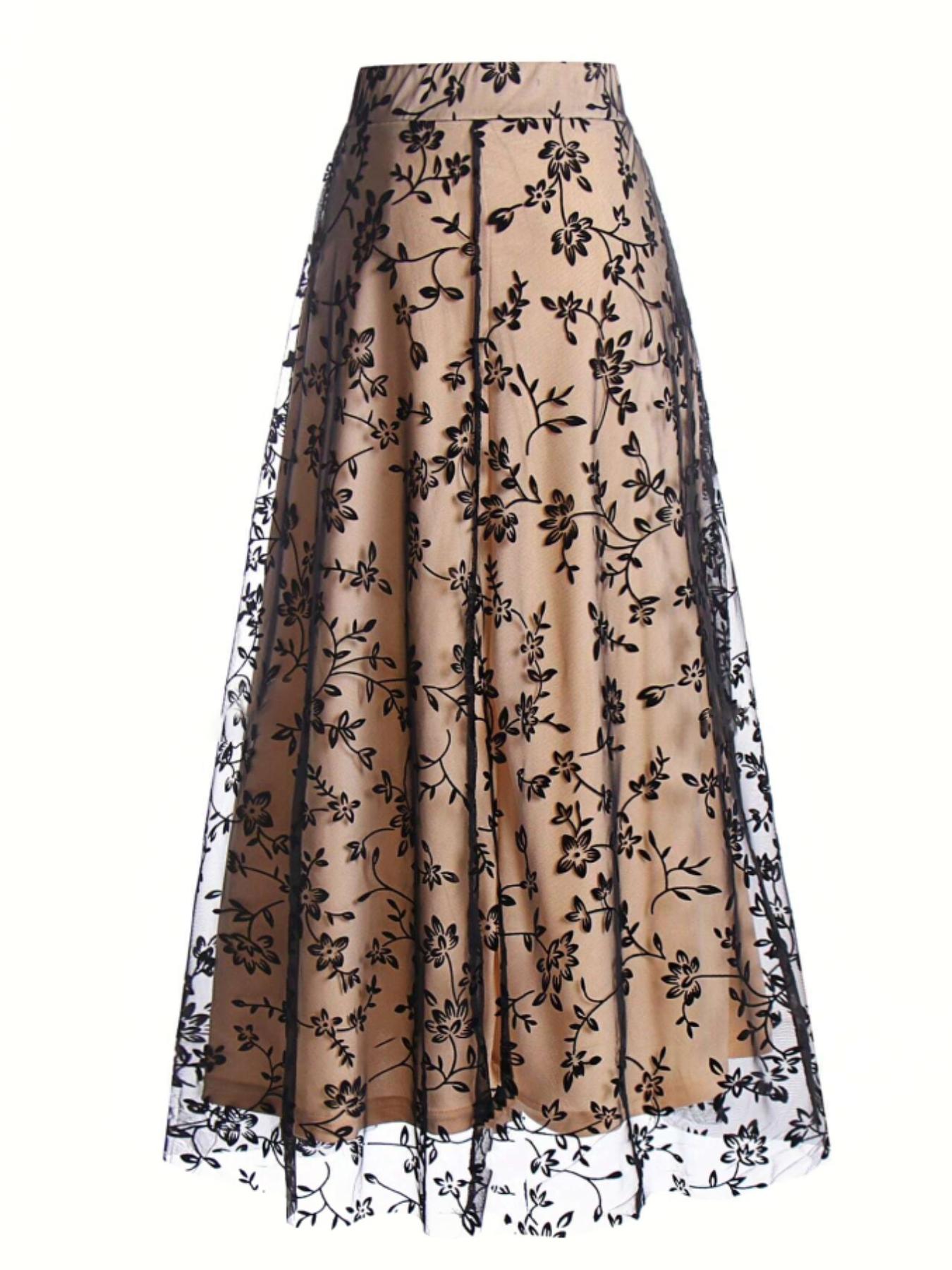 Women's Floral Embroidery Contrast Mesh A Line Skirt, Elegant High Waist Midi Skirt for Party Holiday Wedding Guest, Ladies Bottoms for All Seasons