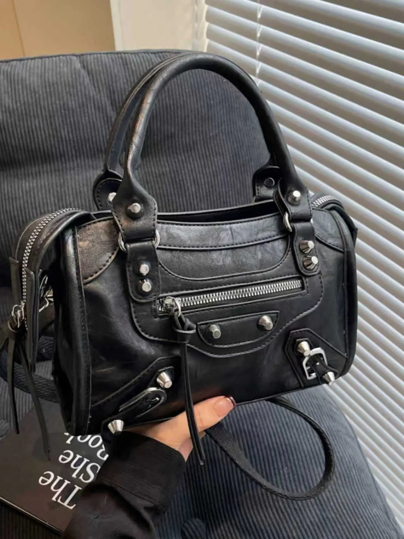 Vintage Rivet Motorcycle Bag Women Mini Handbag, PU Leather Boston Bag, Adjustable Strap Bag, Plain Design, All Seasons, Crossbody Shoulder Bag, Casual Crossbody Bag