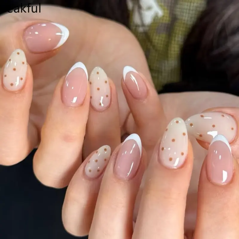 24Pcs Polka Dot Nail Art Press-On Set, Short Almond French Tips with Minimalist Dot Accents, Reusable Glossy Fake Nails for Women, Cross-Border Hot Sale for Daily Chic & Gift Giving