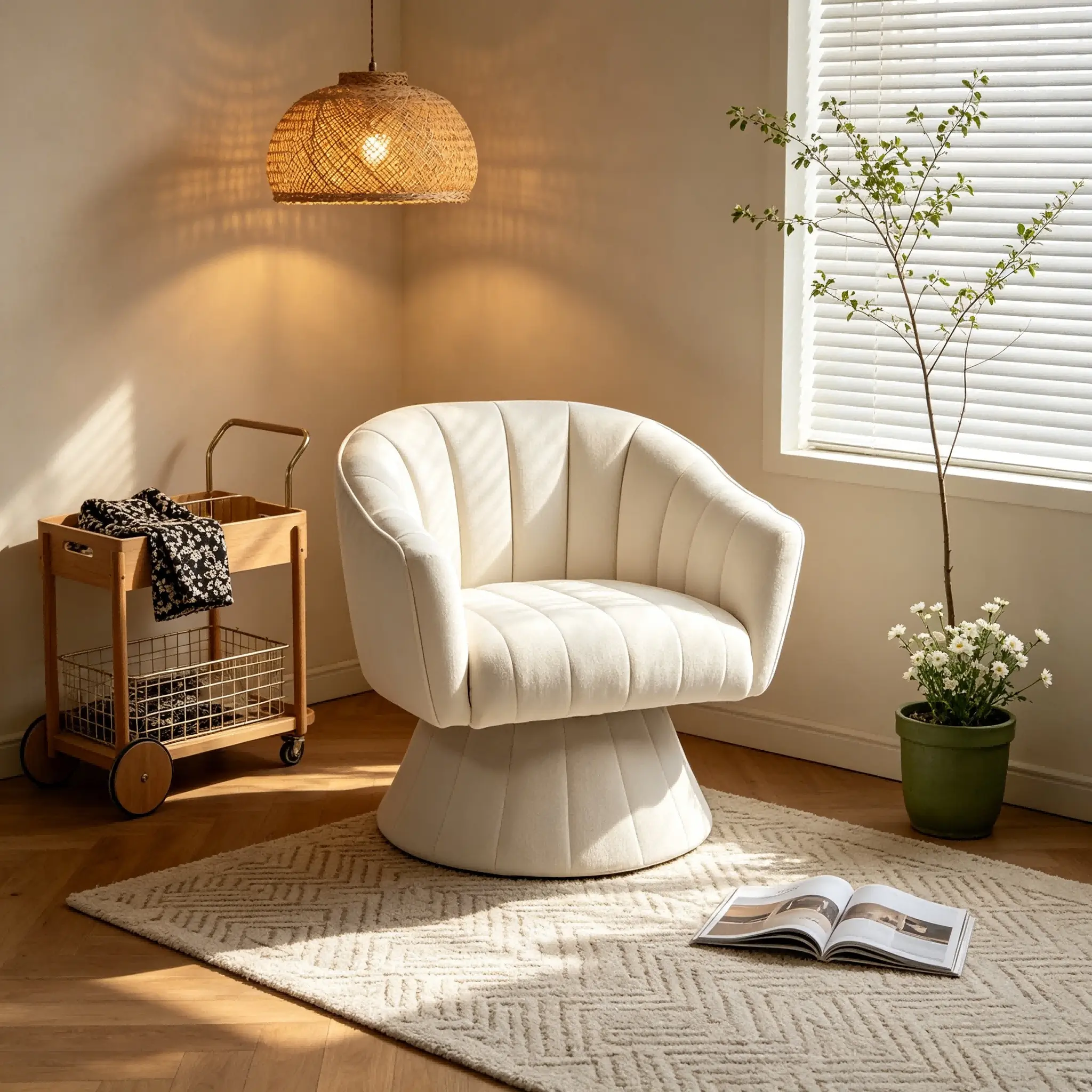 ARCH Cream Corduroy Upholstered 360 Degree Swivel Accent Chair, Modern Channel Tufted Barrel Armchair, Comfy Rotating Round Lounge Chair for Living Room, Bedroom, Vanity, Office, Single Seat, Dining Room Chairs for Kitchen, Dining Room