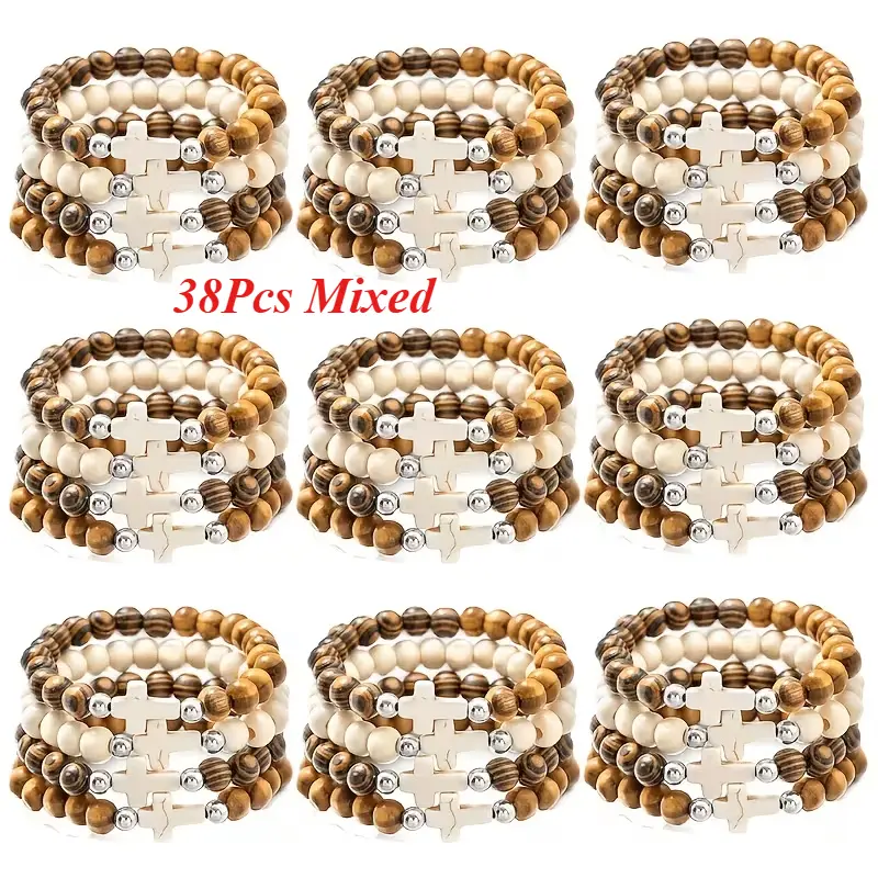 Vintage Wooden Bead Bracelets Set, 38Pcs with Cross Motif, Stylish Matching Pairs for Couples and Men, Casual Everyday Wear, Yes, Daily, Unisex