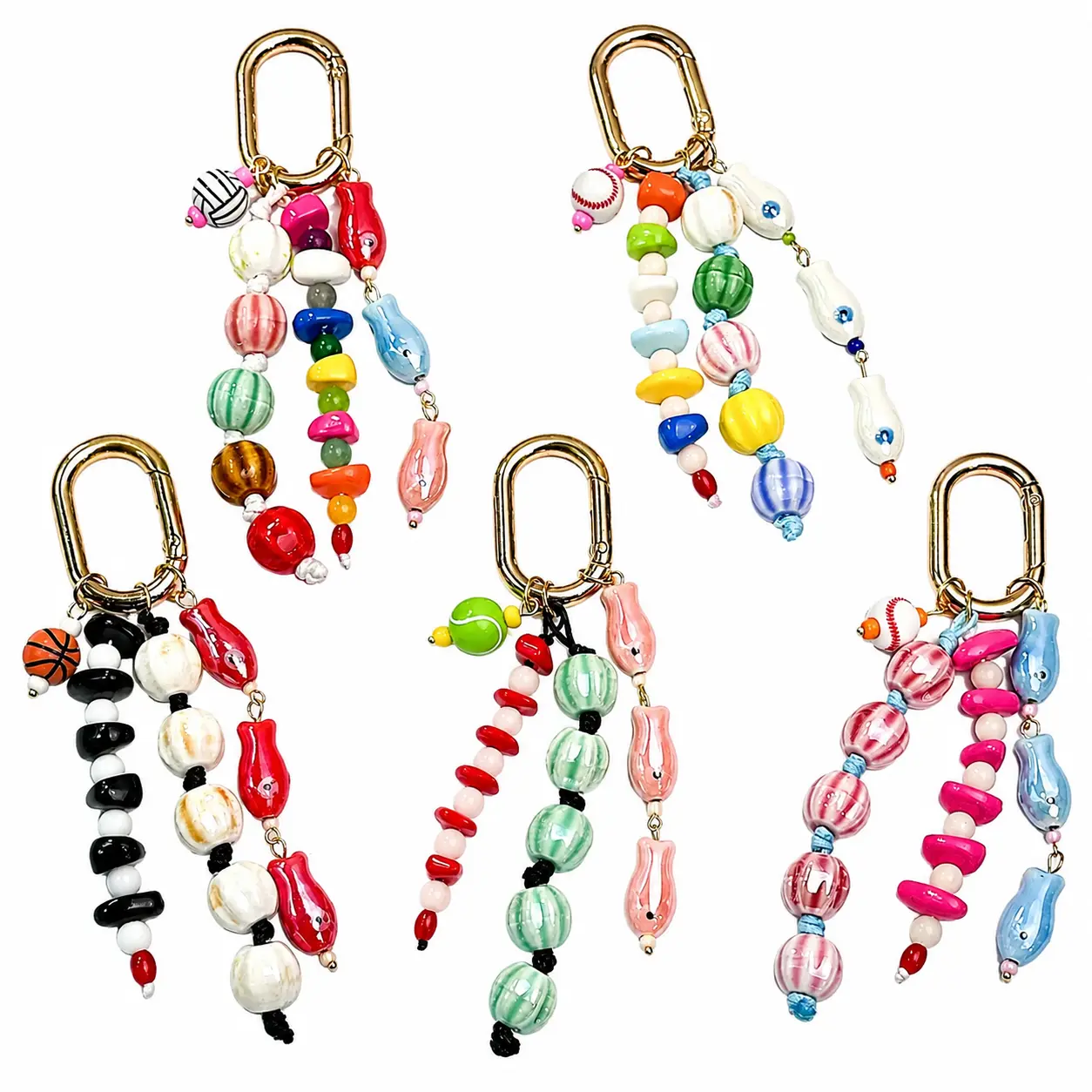 Handcrafted Ceramic Fish Charm Keychain with Gold-Finished Oval Carabiner Clip, Colorful Glazed Porcelain Beads, Multi-Strand Adjustable Lanyard for Bags, Purses, or School ID Holders – Y2K-Inspired Aesthetic Accessory for Teens and Young Adults