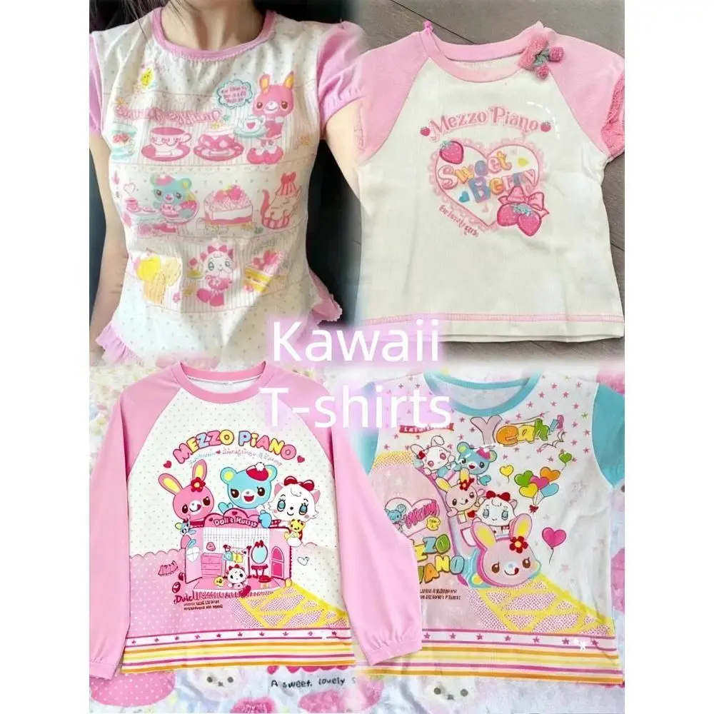 Japanese Kawaii Crop Tops Cartoon Print Harajuku Lolita Short Sleeve T-shirts Women Y2k Aesthetic Slim Tee Vintage Fairy Grunge