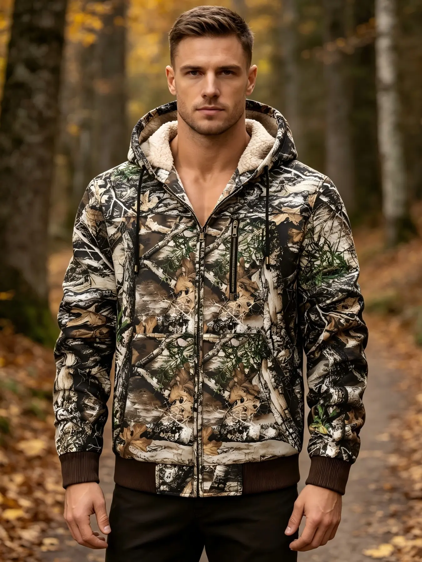 Men's Camouflage All Over Print Hooded Jacket, Ideal for Hiking and Outdoor Activities, Fleece Lined, Durable Design, Long Sleeves, Perfect for Fall and Winter