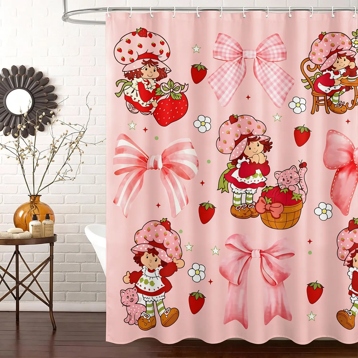 Sweet Pink Strawberry Girl Shower Curtain Set, Waterproof Fabric Bath Curtain 72"x72" with 12 Hooks, Cartoon Character Bow Strawberry Kitten Pattern, Cute Y2K Aesthetic Kids Bathroom Home Decor