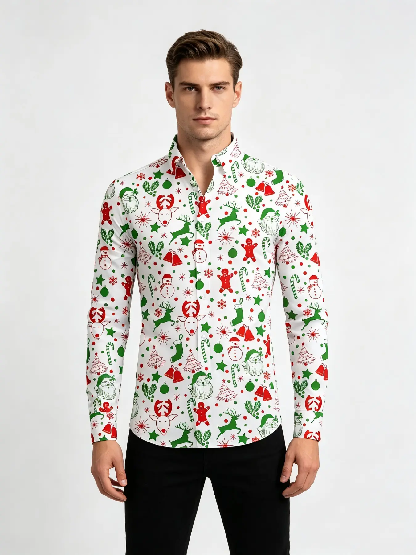 Men's New Long Sleeve Christmas Shirt, Festive Party Fashion, Santa Print Top, Holiday Apparel, Stylish Christmas