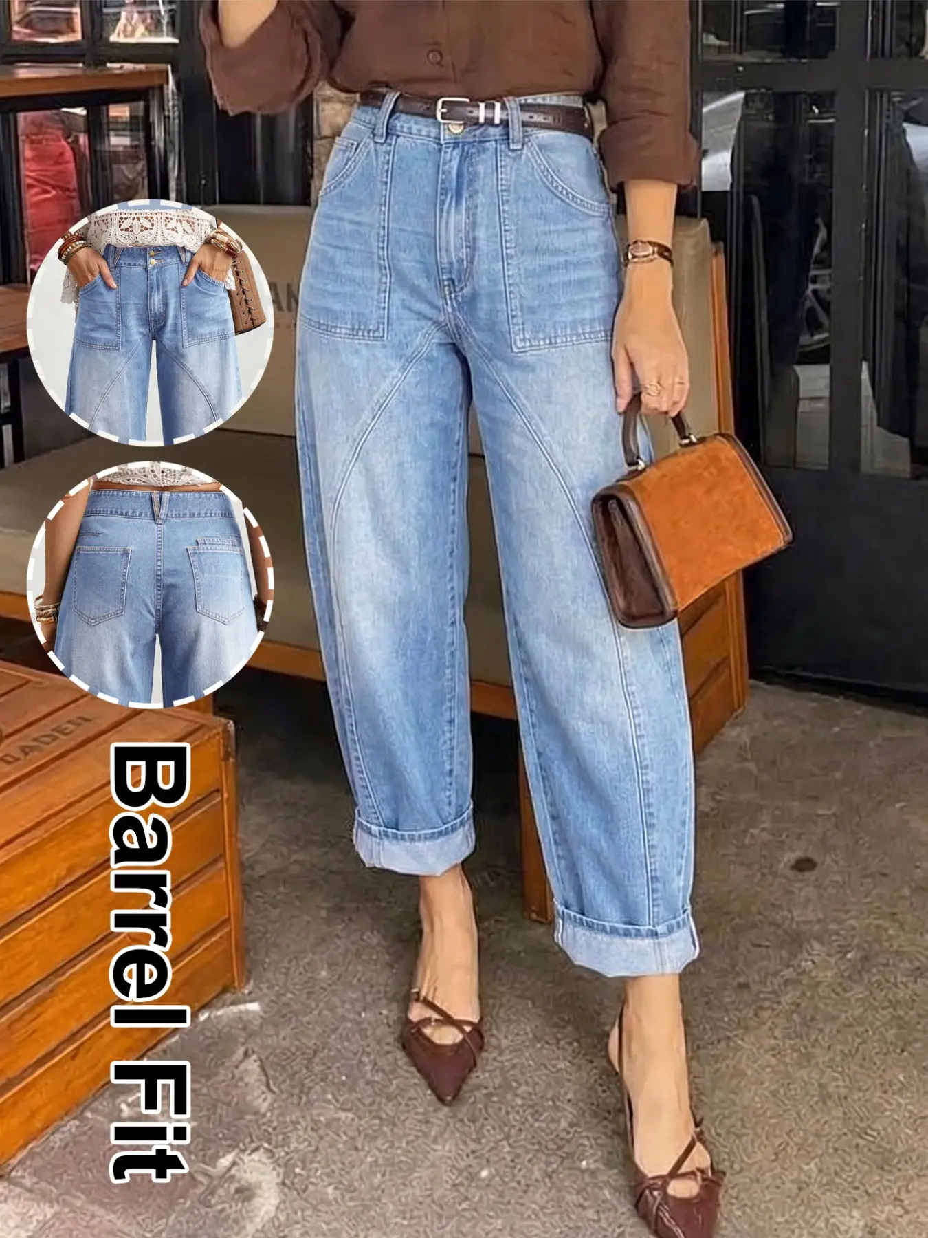 Women's High-Waisted Baggy Jeans, Cropped Denim Jeans with Button Fly, Casual Loose-Fit Style, Vintage Washed, All-Season Wear