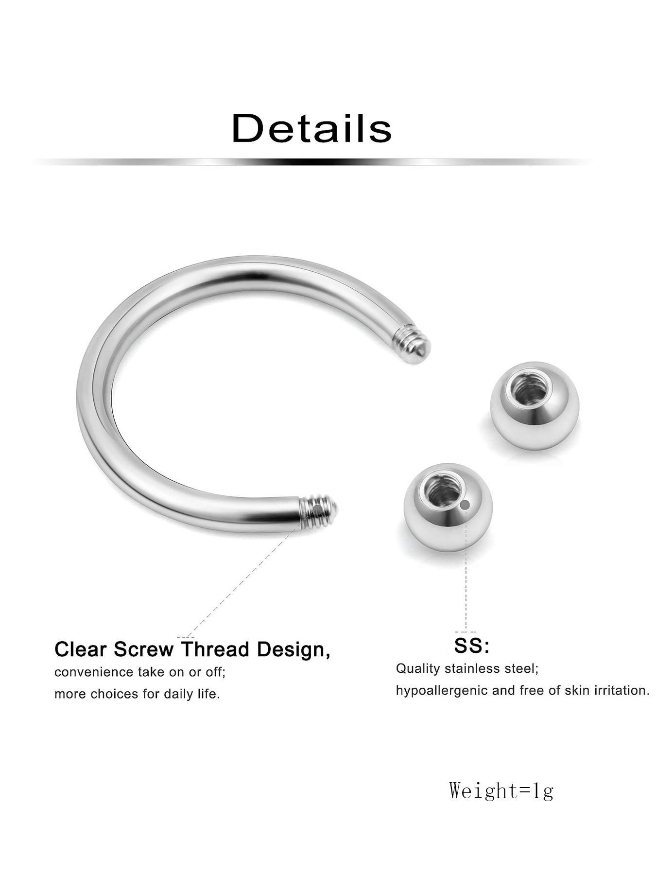 8pcs Classic Fashionable Stainless Steel Circular Horseshoe U-shaped Nose Ring, Septum Ring, Cartilage Earring, Lip Ring, Eyebrow Ring, Inner Diameter 6mm, 8mm, 10mm, 12mm, Fashion Body Jewelry