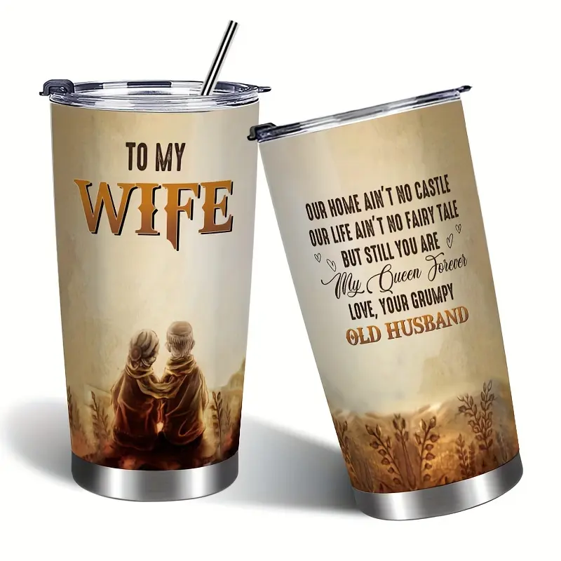 TO MY WIFE 20 oz Vacuum Stainless Steel Cold Cup Tumbler - 1-Piece Kitchenware Drinkware with Lid & Straw, Vacuum Flask Ideal for Birthday-Valentine's Day Gift for Wife