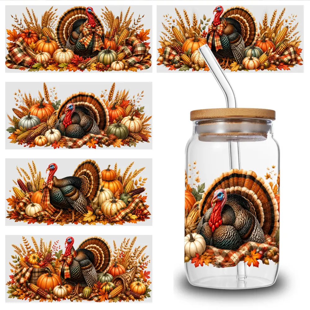 5-Pack Thanksgiving Turkey Motif UV DTF Stickers, Waterproof Vinyl Self-Adhesive Transfer Paper, 16oz Glass Jar/Cup/Bottle Decorative Packaging Decals
