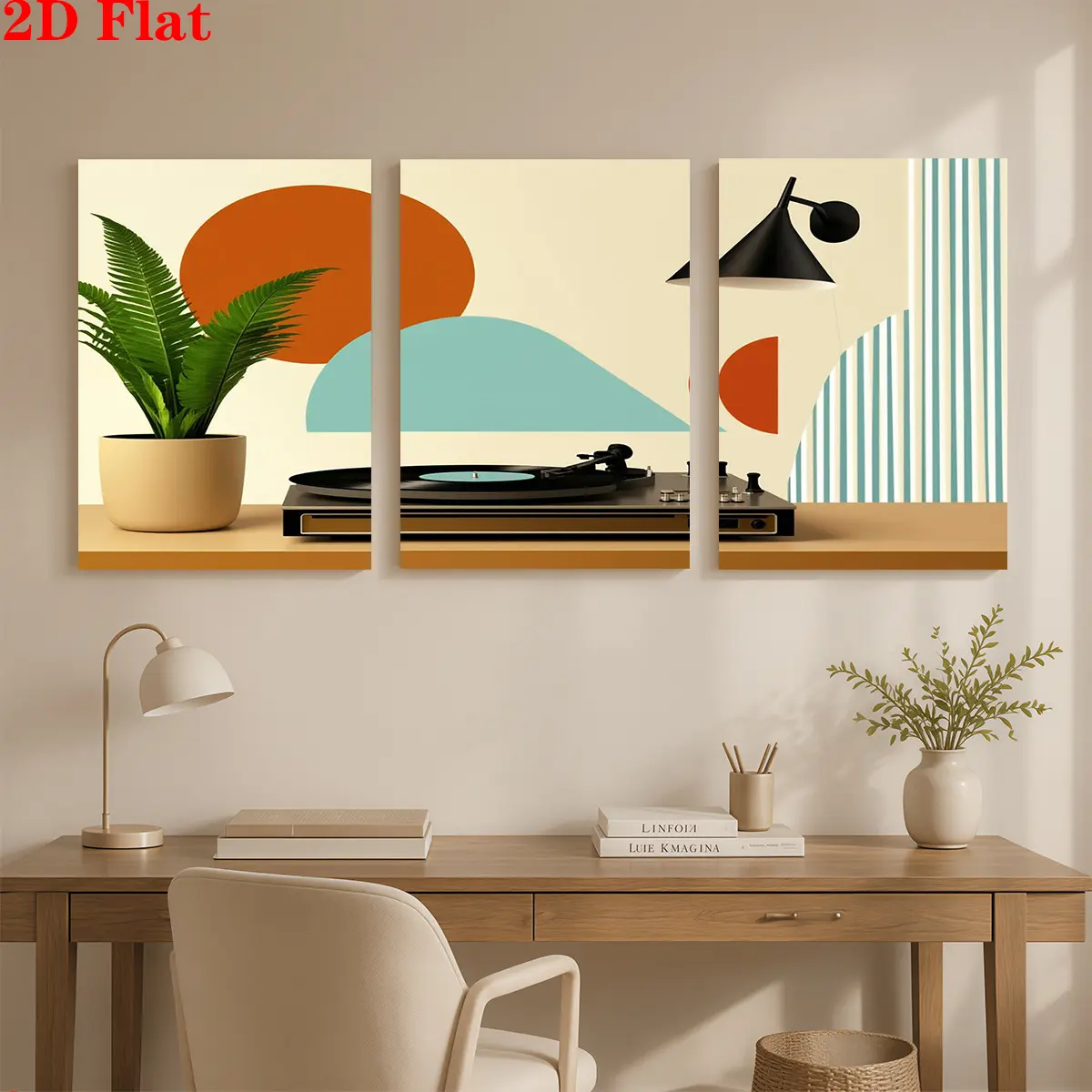 2D 3-piece canvas set - Turntable, Plants, Lamp Geometric Wall ArtSuitable for decorating offices, restaurants, living rooms, bedrooms, and home decorIt is an ideal choice for Christmas, Independence Day, and birthday giftsA beautiful wall Canvas Wall Art
