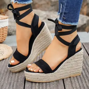 Women’s Cross-Tied Ankle Wedge Platform Sandals - Wedges with Skid-Resistant Solid Color for Summer Vacation Beach Use