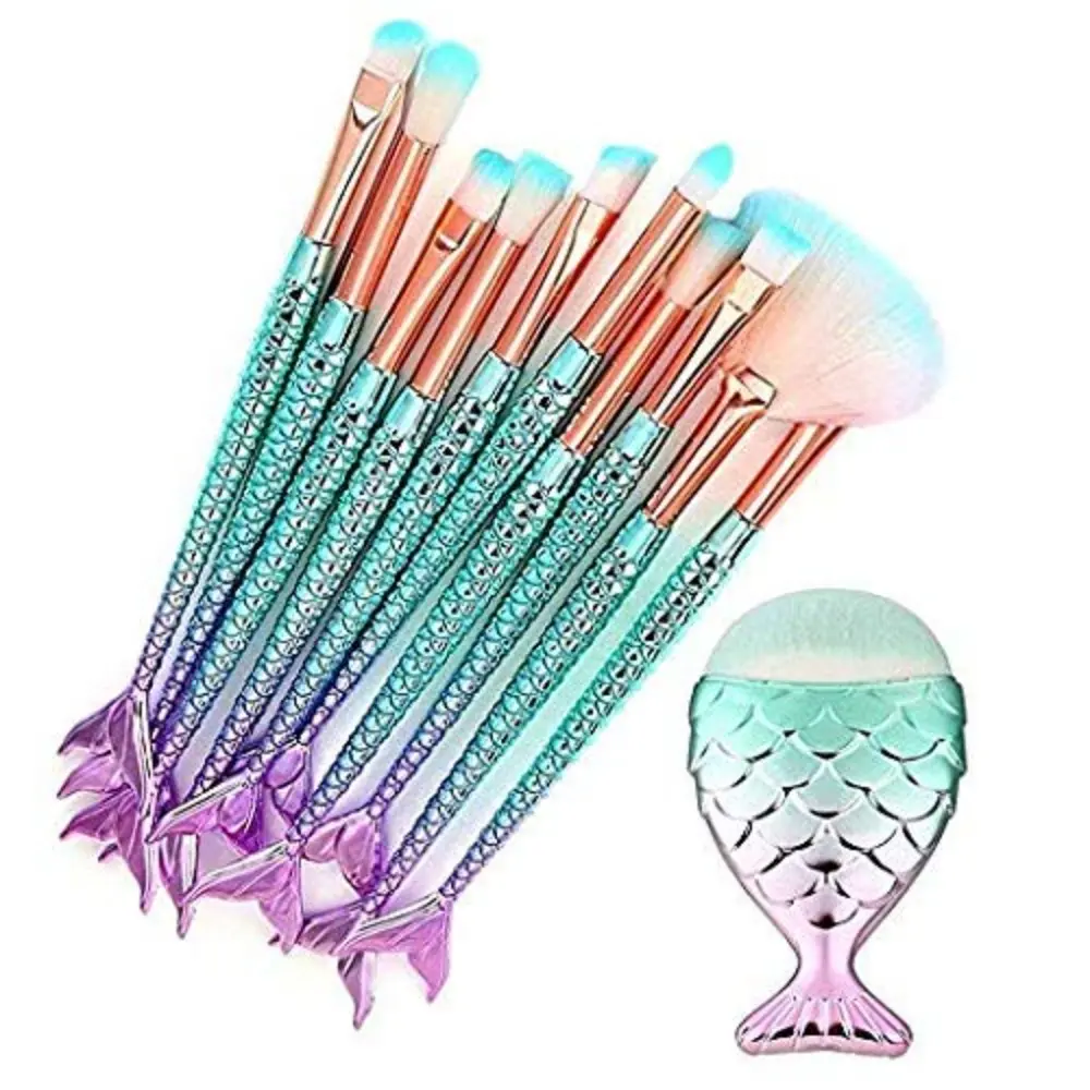 11pcs colorful mermaid makeup brush set, Cosmetic brushes, Makeup Brush Kit includes foundation, concealer, eyeliner & blush brushes, Dream gradient fishtail handles, soft fluffy bristles, beginner friendly beauty gift for teen girls daily makeup