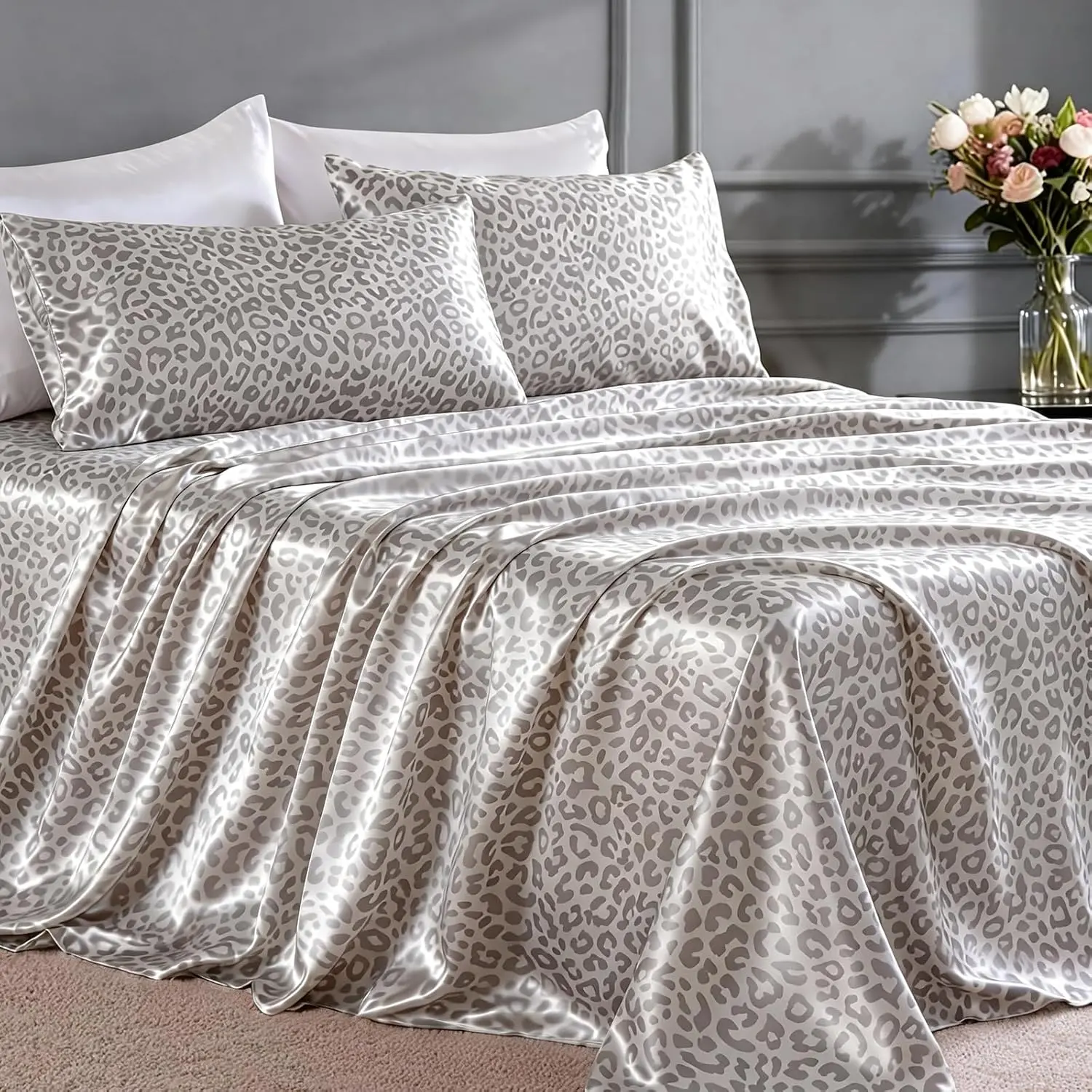 Sheets Queen Size Bed Set- 4 Piece Luxury Soft Queen Sheet Set, Similar to Silk Bed Sheets with 1 Deep Fitted Sheet, 1 Flat Sheet & 2 Pillowcases (Leopard), Bed Sheet Sets, Complete Sheet Set, Decorative Bedsheet Sets