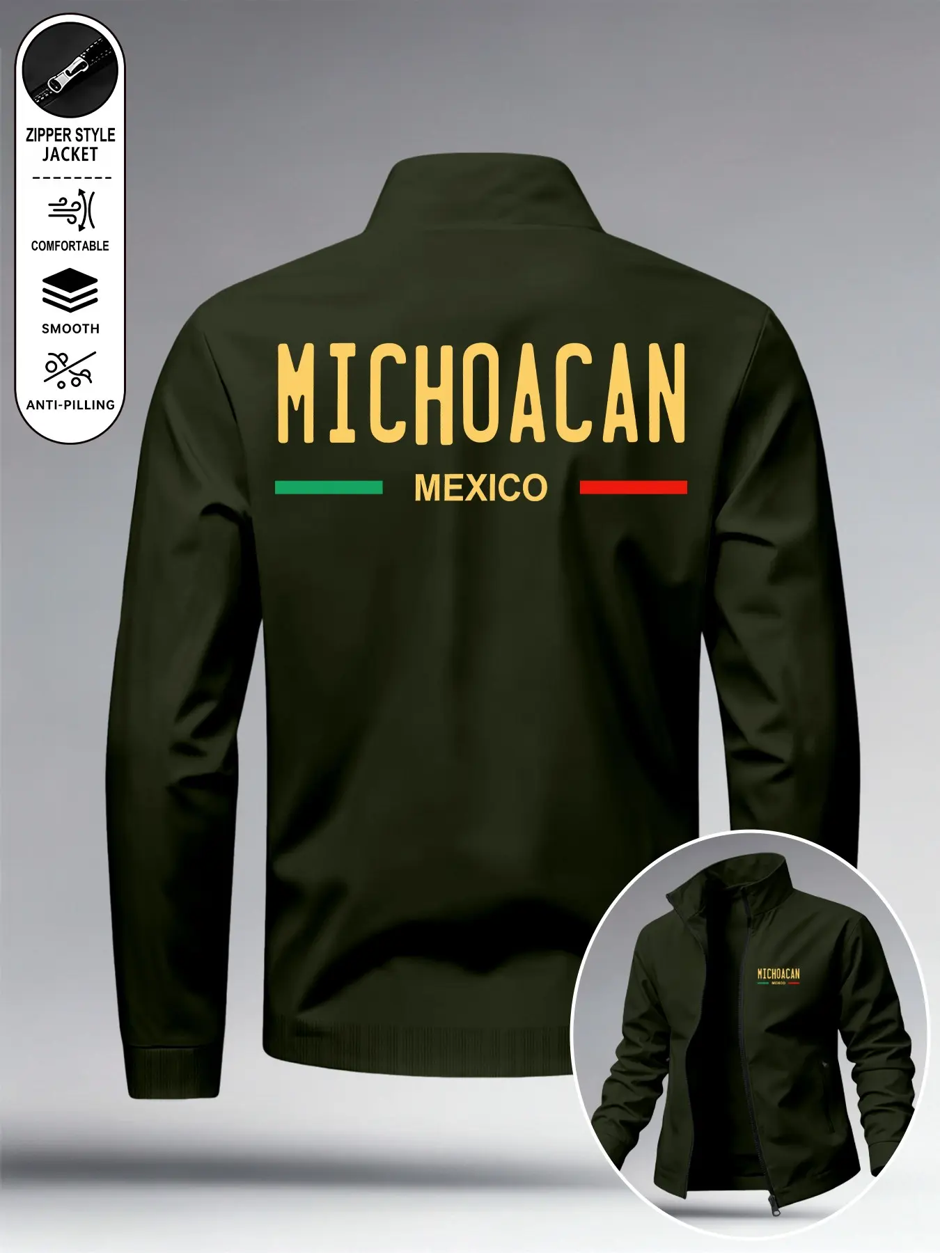 New Men's Versatile Long Sleeve Lapel Jacket with Zipper Pockets, Mexican Michoacan Memorial Print Full-Zip Sport Jacket, Daily Commute, American Street Style