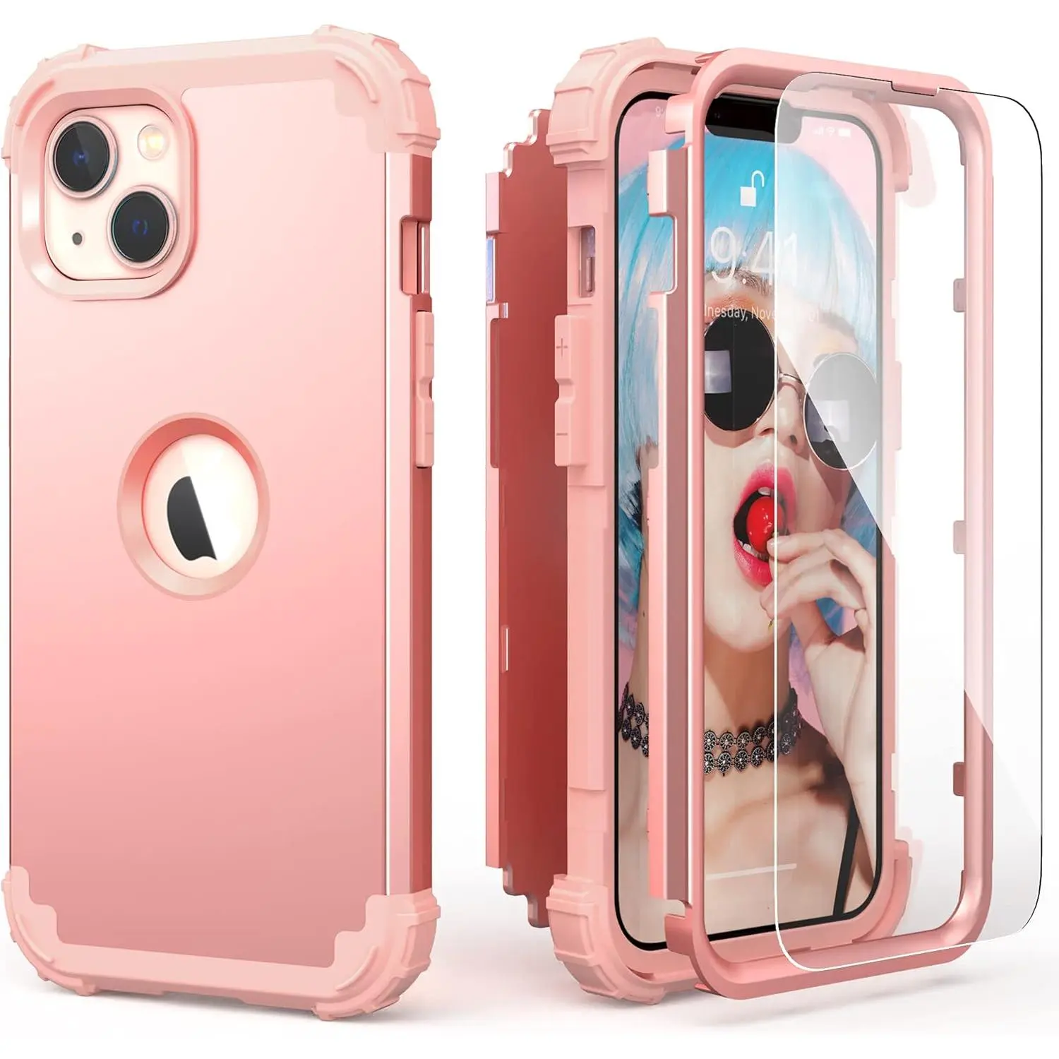 IDweel for iPhone 15 Case with Screen Protector for Women, 3 in 1 Shockproof Slim Fit Hybrid Heavy Duty Hard PC Cover Soft Silicone Bumper Full Body Case,Rose Gold