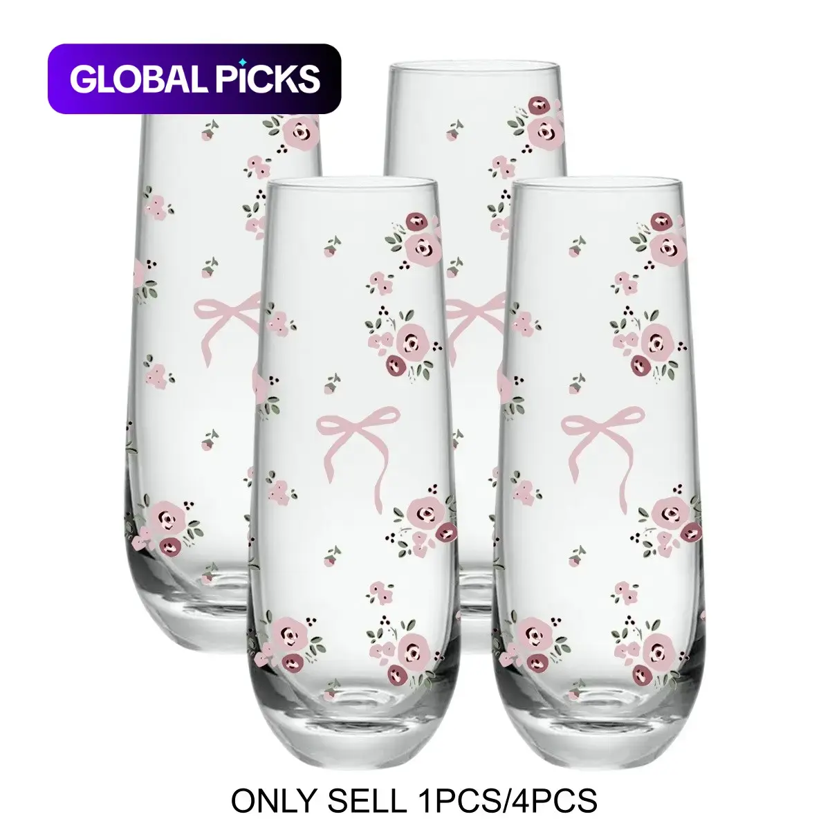 1/4 Pack Rose&Bow Pattern Stemless Champagne Flutes, 8oz Champagne Flutes, Prosecco Glasses, Mimosa Glasses, Stylish Drinkware, Drinking Glassware, Decorative Glasses, Perfect Housewarming Gift