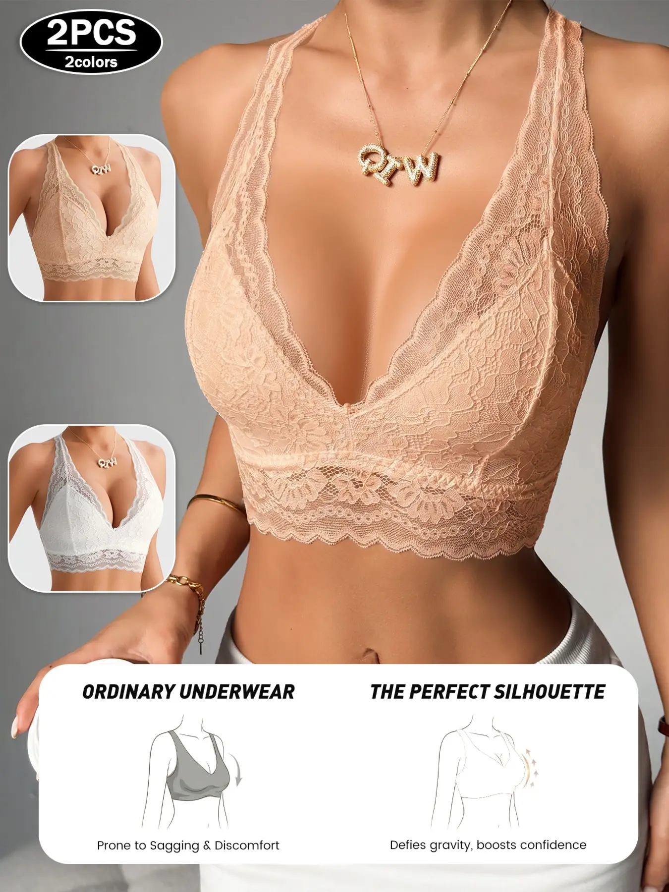 Women's Sexy Lace Bralette, V Neck Backless No Underwire Bra Underwear, Breathable Comfort Soft Short Top, Daily Date Night Wear, Elegant