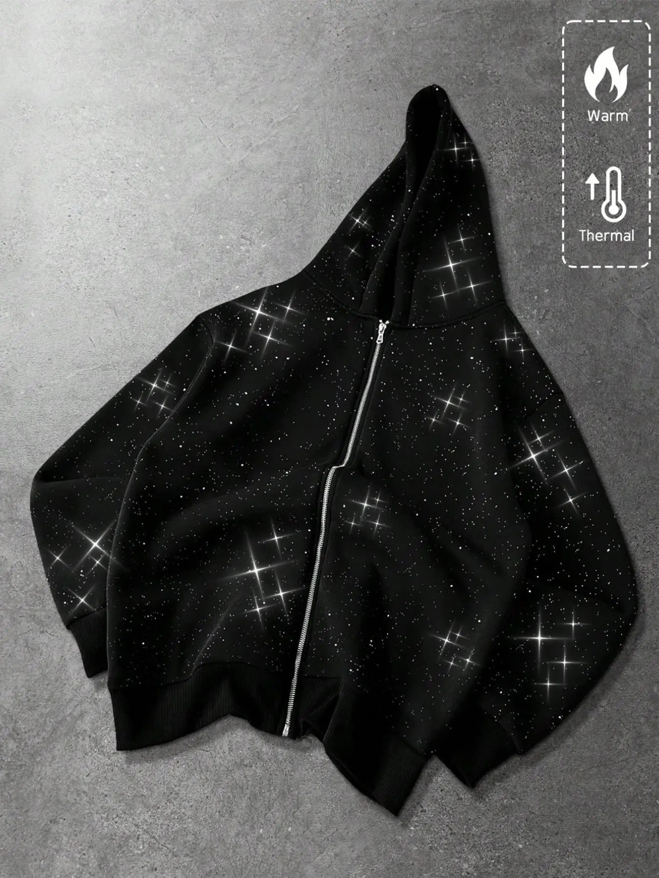 Star Print Zipper Hoodie Long Sleeve Fashion Sweatshirt, Fleece Lined Warm Loose Fit, Night Streetwear Slimming Jacket, Casual Fall & Winter Outerwear