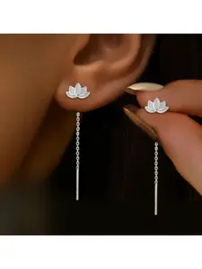 1pair Ladies' Lotus Ear Ropes Flowing Tassel Earrings, a fashionable drooping design, simple lotus flower and lotus bud tassel earrings, suitable for ladies' daily wear and festive celebrations.